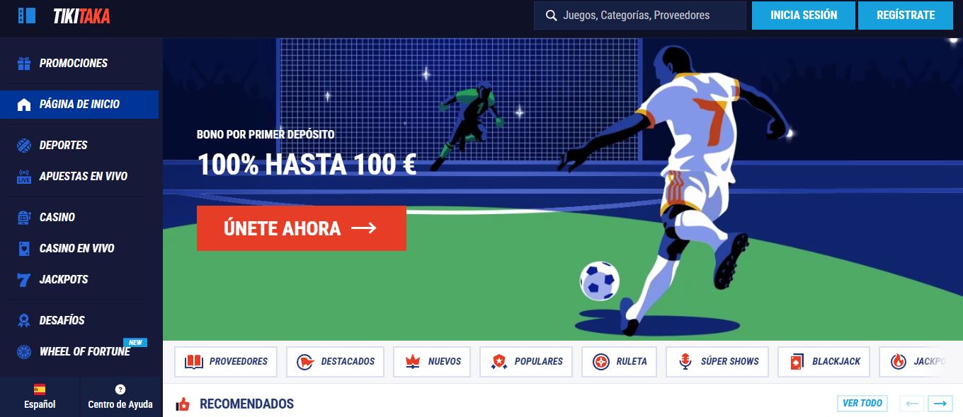 Visita pagina principal TikiTaka Casino para apostar deportes y jugar slots