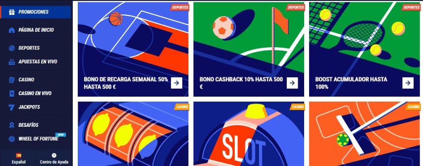 Visita pagina promociones y reclama bonos semanales cashback deportivos